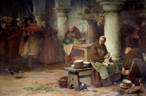 Saint Bonaventure (San Bonaventura) (1217-1274) tar emot den lila kardinalen En hög tjänsteman i Vatikanen tar med kardinalens bar till munken som upptar menageriverksamheten i klostret. Målning av Albert Pierre Dawant (1852-1923) 1897 Sön. 1,4x
