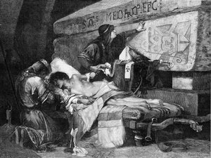 Det sista ögonblicket av Chlodobert (eller Clodebert dog 580). ”” Fredegonde och Chilperic 1st placerade sin son på en bår som låg nära Saint Medards grav men den sjuke föll i plåga...” Gravyr efter målningen av Albert Maignan (1845-1908). E