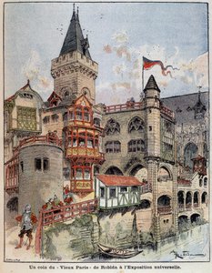 Ett hörn av Robidas "Gamla Paris" på världsutställningen. Omslag "" Den lille fransmannen illustrerad"" av 1900-05-26. av Albert Robida