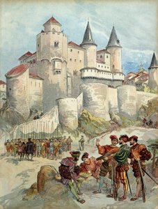 En fånge, Francois 1st (1494-1547) var inlåst i ett torn på Alcazar i Madrid (Spanien) fram till 1526. Illustration. av Albert Robida