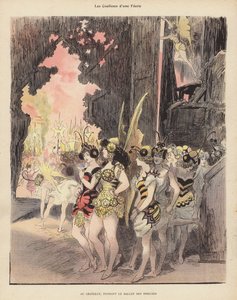 Backstage under en produktion av Ballet des Insectes på Theatre du Chatelet, Paris (färg litho) av Albert Robida