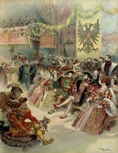 Bal vid hovet till kungen av Frankrike, Francois 1st (1494-1547), med närvaro av Karl V (1500-1558), kung av Spanien och kejsare av det heliga romerska riket Germanic, i slottet Fontainebleau, 1539. Illustration av Albert Robida