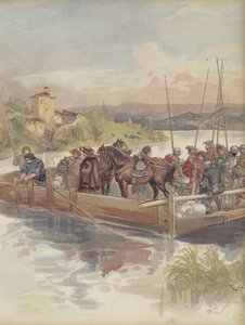 Bourbon flyr, misslyckas med att bli igenkänd av soldater, passerar en färja av Albert Robida