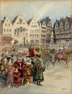 Val av Karl V (1500-1558) till Tysklands kejsare den 28 juni 1519. De sju kurfurstkåren går genom Frankfurts (Tyskland) gator. Illustration av Albert Robida