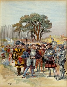 Femte italienska kriget (1515-1516): i lägret som drog sig tillbaka från Bicocca (bicoque) framför Milano (Italien), 1516, krävde schweizarna lön, conge eller strid, Odet de Foix, Viscount de Lautrec, marechal of France (1485-1528) kunde inte betala dem. I av Albert Robida