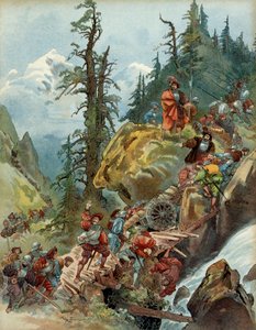 Femte italienska kriget (1515-1516): Alpernas passage i augusti 1515, av Larche-passet, för Francois I:s armé (1494-1547), på väg till Italien. Illustration av Albert Robida