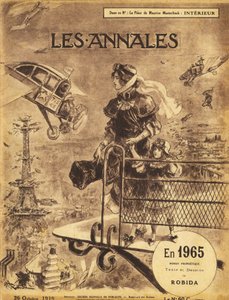 Första publiceringen av den profetiska romanen "En 1965"" av Albert Robida (1848-1926) 1919 i tidningen "Annales Politiques et Litteraires" - Paris lider av trafikstockningar... i himlen! Självflygande (självflygande) och taxiplan (flygplan av Albert Robida