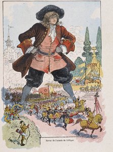 Gulliver på Lilliput Arm Review - i "" Gulliver Voyages"" av Swift, ill. av Robida av Albert Robida