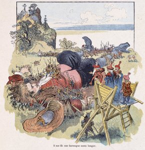Gulliver bundet av Lilliputians - i "" Gulliver Voyages"" av Swift, ill. av Robida av Albert Robida