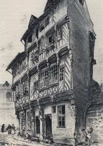 House rue Saint Guillaume i Rennes - Gamla Frankrike - Bretagne - text, teckningar och litografier, av Albert Robida (1848-1926) odaterat slutet av 1800-talet av Albert Robida