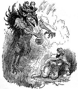 Illustration av Albert Robida (1848-1926) av en arabisk legend (1001 nätter) (Tales of the Thousand and One Night): en hemsk demon (ond ande) presenterar en man med en flaska vin. gravyr av boken "Choix de lectures"" Armand Colin 1926. av Albert Robida