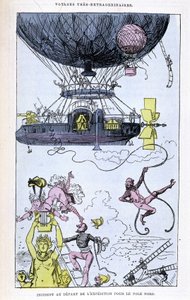 Incident vid expeditionens avgång till Nordpolen (aerostat och galna scener), parodi på Jules Verne, "" Mycket extraordinära resor av Saturnin Farandoul i 5 eller 6 delar av världen och i alla länder som är kända eller okända för Mr. Jules Verne” av Albert Robida