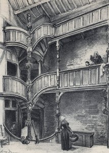 Interiör av ett hus i Morlaix - Gamla Frankrike - Bretagne - text, teckningar och litografier, av Albert Robida (1848-1926) odaterat slutet av 1800-talet av Albert Robida
