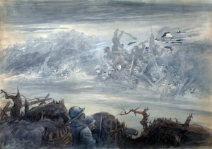 Le combat des ombres: poilus dans une tranchee att föreställa sig en attack av spöksoldater av Albert Robida