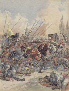 Kungen i Pavia, faller från sin häst, skadad, slåss mot molnet av angripare som omger honom (färg litho) av Albert Robida