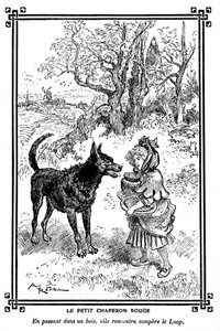 Rödluvan, med sin tårta och smörburk, möter vargen. Teckning av Albert Robida (1848-1926) i en läsbok för barn 1920-1930. av Albert Robida