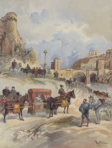 Marguerite de France kommer att besöka sin bror, tas emot vid Pont de Tolede av Charles-Quint av Albert Robida