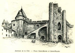 Medievale Cite de Carcassonne (Aude, Languedoc, Pays Cathare) - Tours Saint Martin (Saint Martin) och Saint Nazaire (Saint Nazaire) med hus byggda mot vallarna - romantisk gravyr av Albert Robida (1848-1926) i en bok publicerad på börjar av Albert Robida