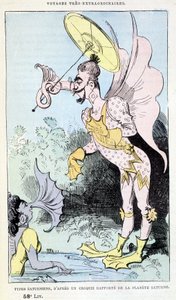 Saturniska typer från en rapporterad skiss av planeten Saturnus (pseudo-antropologiska groteska monster), parodi på Jules Verne, "" Mycket extraordinära resor av Saturnin Farandoul i 5 eller 6 delar av världen och i alla länder som är kända eller okända fö av Albert Robida