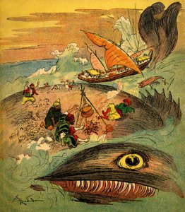Sindbad sjömannen (Sinbad) - saga om de tusen och en natt (1001) - bok från 1948 som berättar om sina äventyr (Fortin-utgåvan, Wonderful Imaging of childhood collection) - illustration av Albert Robida (1848 - 1926): Sindbad och hans följeslagare har missl av Albert Robida