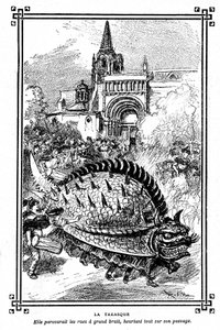Tarascons Tarasque, fantastiska monster från Provences folklore: illustration av Albert Robida av skolboken "Choice of readings" av A Mironneau, Librairie Armand Colin 1911 - av Albert Robida