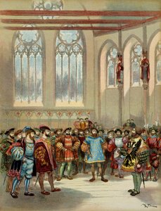 Bourgogne-herauten, skickad av Karl V (1500-1558), togs emot av Francois I (1494-1547) i den stora salen i parlamentet i Paris, första hälften av 1500-talet. Illustration av Albert Robida