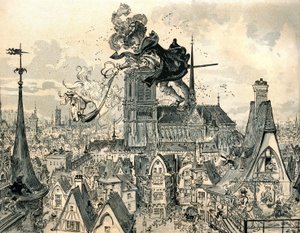 Jätten Gargantua hoppar från sin häst av Albert Robida