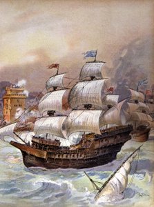 Jean Angos flotta blockerar Tejo och hotar Lissabon, ca 1909 (illustration) av Albert Robida