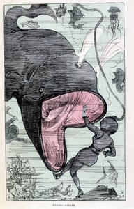 Kvinna i en scaphandler som blir uppslukt av en val, parodi på Jules Verne, "" Mycket extraordinära resor av Saturnin Farandoul i 5 eller 6 delar av världen och i alla länder kända eller okända för M. Jules Verne" av Robida, Paris av Albert Robida