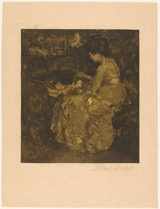 Kvinna matar ett barn i en spjälsäng gröt av Albert Roelofs (signed by artist)