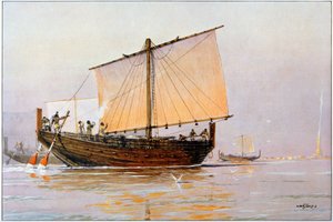 Assyrisk galär (färglitografi)