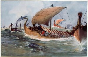 Drakkar. Vikingalångskepp under segel av Albert Sébille