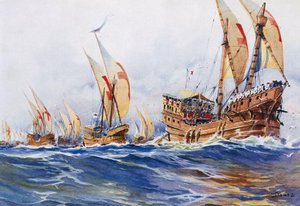 Kung Ludvig IX:s franska skepp under det åttonde korståget 1268, akvarell av Albert Sebille (1874-1953)
