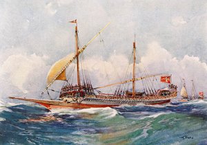 Maltas galär med vind i seglen (1600-talet), akvarell av Albert Sebille (1874-1953)