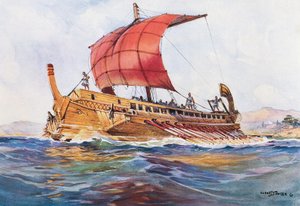 Ljust fartyg från den klassiska grekiska eran, akvarell av Albert Sebille (1874-1953)