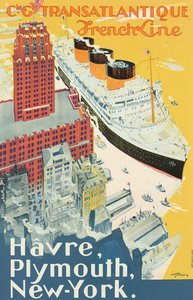 Affisch som gör reklam för rutten Le Havre-Plymouth-New York som trafikeras av rederiet Companie Generale Transatlantigue, känt som "French Line" (färglitografi)