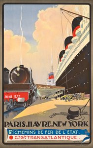 Affisch med reklam för resor med rederiet Compagnie Generale Transatlantique, ca 1930 (färglitografi)