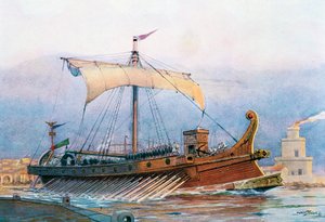 Fartyg från den romerska kejsartiden lämnar arsenal, akvarell av Albert Sebille (1874-1953)