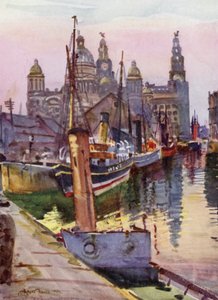Liverpool, Canning Dock (färg litho) av Albert Woods
