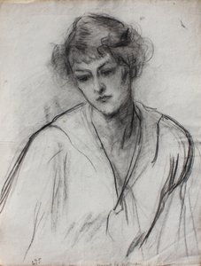 Halvlångt porträtt av en ung flicka, framåtlutad, ca 1910 (svart krita på papper) av Albert de Belleroche