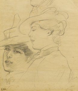 Kvinnohuvud med dekorerad hatt, profil och trekvartsvy, ca 1900 (blyerts på ljusbrunt papper) av Albert de Belleroche