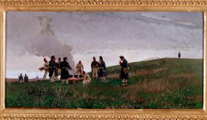 Runt elden. Bivack av soldater från den italienska armén (olja på duk av Alberto Issel