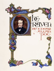 Upplyst titelsida från boken "The Raven" av Edgar Allan Poe, visar ett porträtt av konstnären och ett historiskt initialt "T" av Alberto Sangorski
