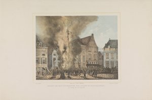 Utsikt över brandens utbrott i Middelburg. söndagen den 28 juni 1857 (titel på föremålet) av Albertus Anthonius Nunnink