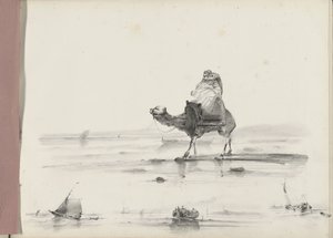 Man rider på en kamel längs en kust