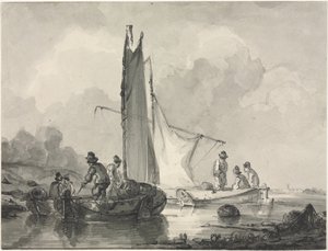 Flodlandskap med fiskare och tre båtar