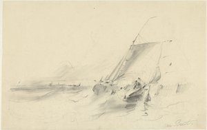 Seascape med pråm i hackigt vatten