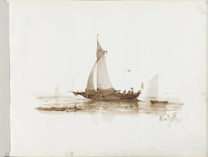 Segelfartyg med figurer på vattnet