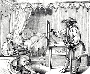 En träsnittsgravyr som föreställer en konstnär som använder ett rithjälpmedel för att få proportionerna på ett porträtt korrekt. Gravyr av Albrecht Dürer (1471-1528), en tysk målare, grafiker och teoretiker från renässansen