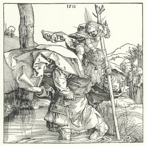 St Christopher som bär Kristus-barnet (gravyr)